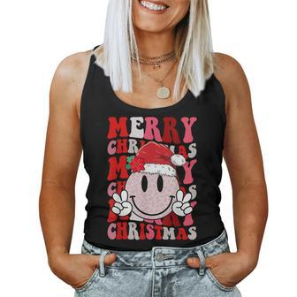 Merry Christmas Smile Face Santa Claus Hat Groovy Retro Women Tank Top - Seseable