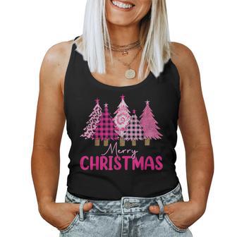 Merry Christmas Trees Leopard Buffalo Plaid Pink Girls Women Tank Top - Monsterry AU