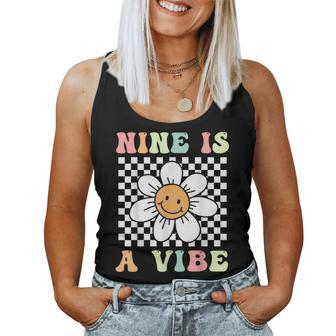 Nine Is A Vibe Cute Groovy 9Th Birthday Party Daisy Flower Women Tank Top - Thegiftio UK