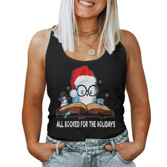 Owl Santa Hat Reading Book All Booked For Holidays Christmas Women Tank Top - Seseable