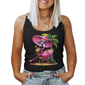 Pink Flamingo Summer Vibes Beach Palm Tree Summer Vacation Women Tank Top - Monsterry