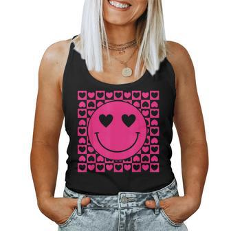 Pink Smile Face Heart Eyes Groovy Heart Valentine's Day Women Tank Top - Monsterry