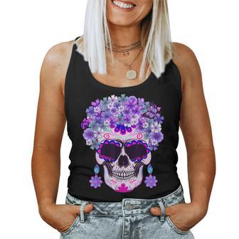 Purple Floral Sugar Skull Day Of Dead Bone Head Butterfly Women Tank Top - Monsterry