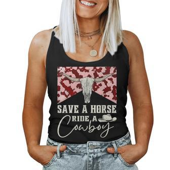 Retro Bull Skull Western Country Save A Horse Ride A Cowboy Women Tank Top - Monsterry