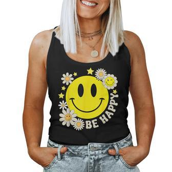 Retro Groovy Be Happy Smile Face Daisy Flower 70S Women Tank Top - Seseable