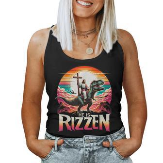 He Is Rizzen Jesus Has Rizzen Retro Christian Dinosaur Women Tank Top | Mazezy
