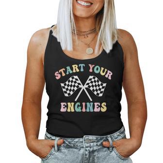 Start Your Engines Groovy Checkered Flag Retro Racing Women Tank Top - Monsterry CA