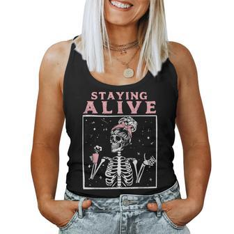 Staying Alive Skeleton Drink Coffee Skeleton Skull Women Tank Top - Thegiftio UK