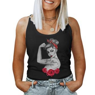 Strong Woman Icon Girl Power Pinup Retro Vintage Red Roses Women Tank Top - Monsterry AU