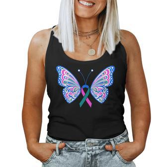 Thyroid Cancer Blue Pink Teal Ribbon Butterfly Wings Tattoo Women Tank Top - Monsterry