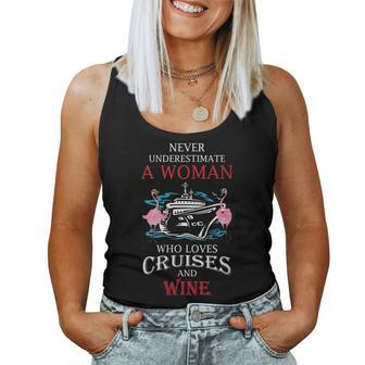 Never Underestimate A Woman Loves Cruises And Wine Flamingo Women Tank Top - Thegiftio UK