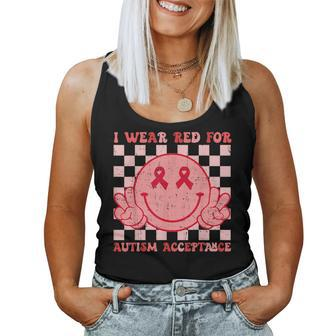 I Wear Red For Instead Autism-Acceptance Groovy Smile Face Women Tank Top - Seseable