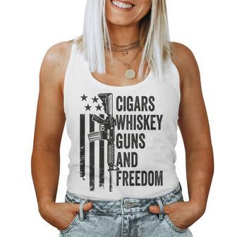 Cigars Whiskey Guns & Freedom Camo Gun Drinking- On Back Women Tank Top - Monsterry