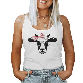 Cute Cow With Pink Striped Bow & Glasses Cowgirl Women Tank Top - Monsterry