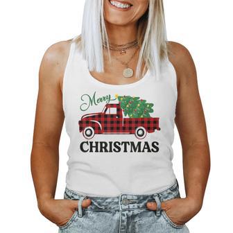 Merry Christmas White Buffalo Plaid Truck Tree Womens Women Tank Top - Monsterry