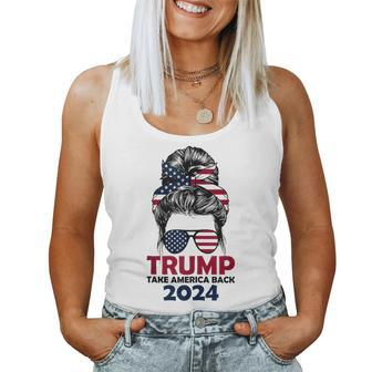 Messy Bun Support Trump 2024 Flag Take America Back Women Tank Top - Seseable