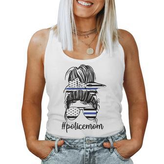 Police Mom Messy Bun Police Officer Mom Mother Blue Line Women Tank Top - Monsterry