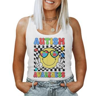 Retro Groovy Autism Awareness Hippie Smile Face Boy Girl Kid Women Tank Top | Mazezy CA