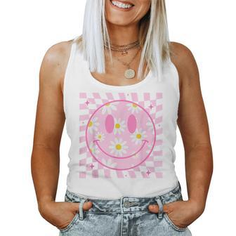 Retro Happy Smile Face Checkered Pattern Pink Daisy Flower Women Tank Top - Monsterry DE