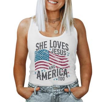 She Loves Jesus And America Too Flag Christian 4Th Of July Women Tank Top - Monsterry
