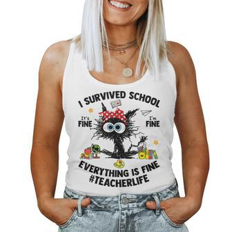 I Survived School Teacher Life Everything Is Fine Cat Women Tank Top | Mazezy UK