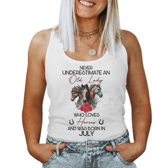 Never Underestimate An Old Lady Who Loves Horses July Women Tank Top | Mazezy