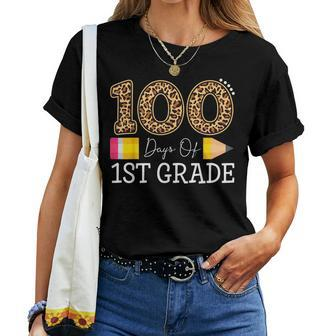 100 Days Of First Grade Leopard Happy 100Th Day Of School Women T-shirt | Mazezy CA
