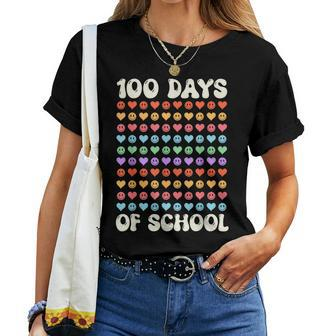 100Th Day 100 Days Of School Retro Groovy Hearts 100Th Women T-shirt - Seseable