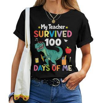 100Th Day Of School My Teacher Survived 100 Days Boys Dino Women T-shirt - Thegiftio UK