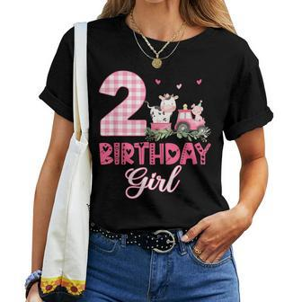 2Nd Birthday Outfit Girl Two Year Old Farm Cow Pig Tractor Women T-shirt - Seseable