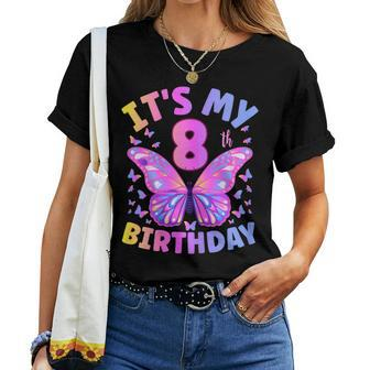 8Th Birthday For Girls 8 Year Old Butterfly Birthday Women T-shirt - Seseable