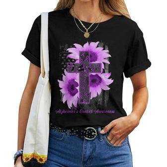 America Flag Christian Cross Ribbon Alzheimer Cancer Women T-shirt - Monsterry