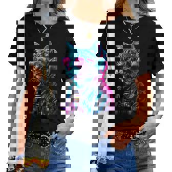 Aporwave Eesthetic Cat Dj Techno Tourne-Disque Edm Cat T-shirt femme - Cadeauxyz