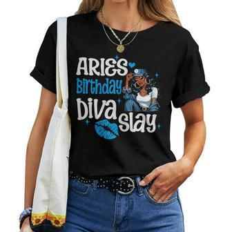 Aries Girl Melanin Queen April Woman March Birthday Diva Women T-shirt - Seseable