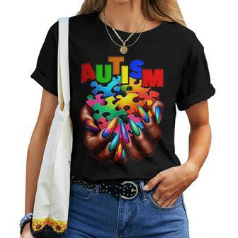 Autism Awareness Hand Black Woman Autism Mom Puzzle Piece Women T-shirt - Seseable