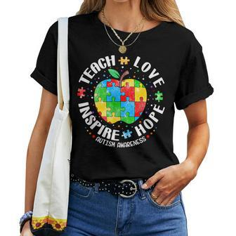 Autism Awareness Teacher Apple Teach Hope Love Inspire Women T-shirt | Mazezy