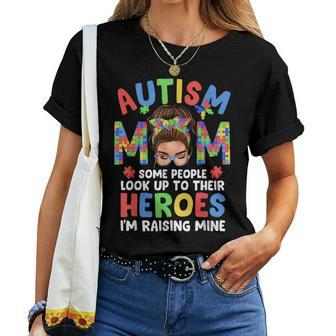 Autism Mom Raising Hero Groovy Messy Bun Autism Awareness Women T-shirt - Monsterry UK