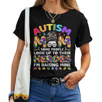 Autism Mom Raising Hero Messy Bun Autism Awareness Women T-shirt - Seseable