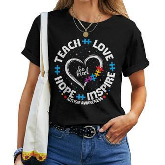 Autism Teach Love Inspire Hope Teacher Blue Autism Awareness Women T-shirt | Mazezy
