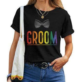 Bachelor Party Rainbow Gay Pride Groom Bow Tie Women T-shirt - Monsterry