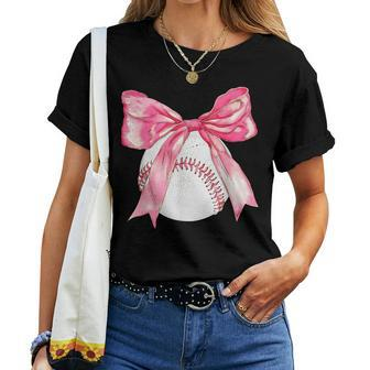 Baseball Mom Coquette Pink Bow Baseball Mama Women T-shirt - Seseable