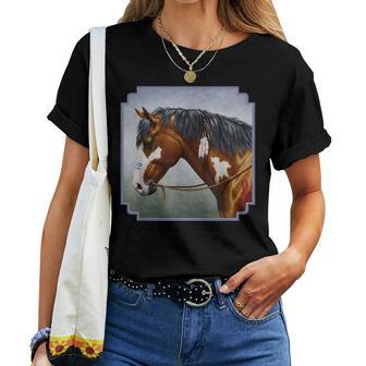 Bay Pinto Native American War Horse Portrait Women T-shirt - Monsterry UK