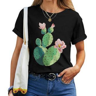 Beautiful Cactus Tree Pink Flowers Hand Drawn Painting Women T-shirt - Monsterry CA