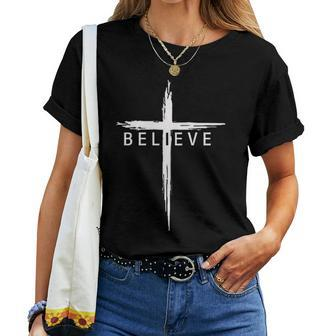 Believe Christian Cross Jesus Christ Christians Vintage Women T-shirt - Seseable