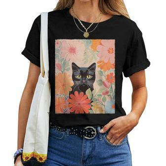 Black Cat And Flowers Cat Lover Cat Floral Cat Women T-shirt | Mazezy