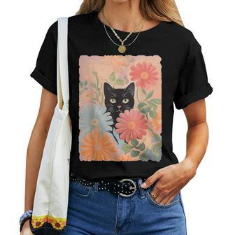 Black Cat And Flowers Cat Lover Cat Floral Cat Women T-shirt - Seseable