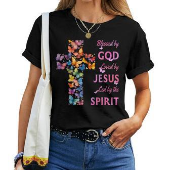 Blessed By God Loved By Jesus Butterfly Cross Women T-shirt - Seseable