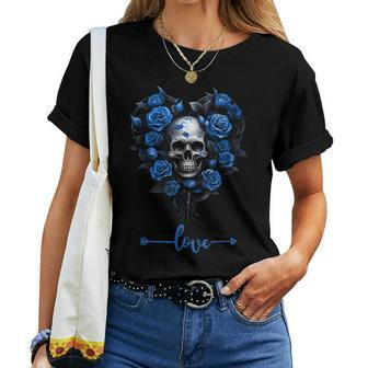 Blue Roses Skull For Valentine´S Love Rock For Women Women T-shirt - Monsterry AU