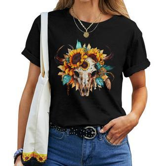 Boho Cow Skull Sunflower Vintage Western Aztec Cute Cowskull Women T-shirt - Thegiftio UK