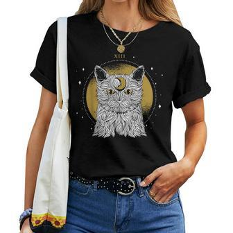 Boho Mystical Feathers Cat Moon Phases Cats Lovers Women T-shirt - Monsterry